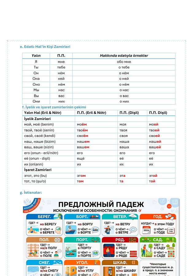 Rusça Predlojnıy Padej (Edatlı Hal) Konu Anlatımlı Çalışma Fasikülü – 26 Sayfa PDF