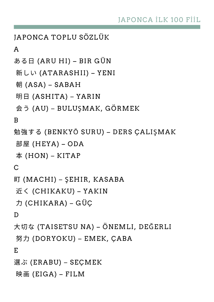 Japonca İlk 100 Fiil A1-B1 Seviye + 10 Hikaye ve Sözlük (41SF)