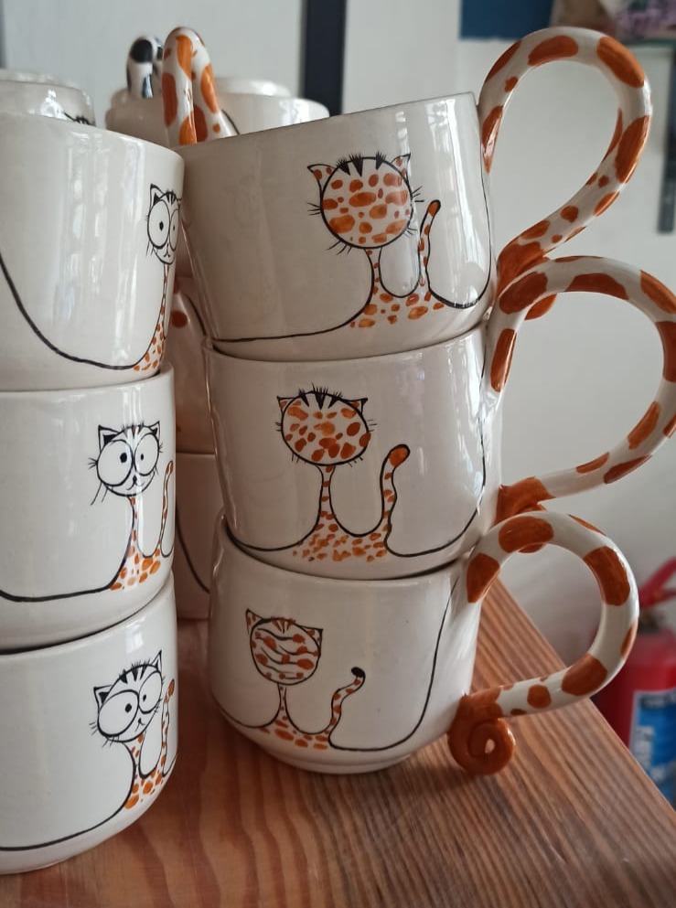 Kedi Desen Tasarım El Yapımı Seramik Kahve Kulplu Mug/Kupa/Bardak