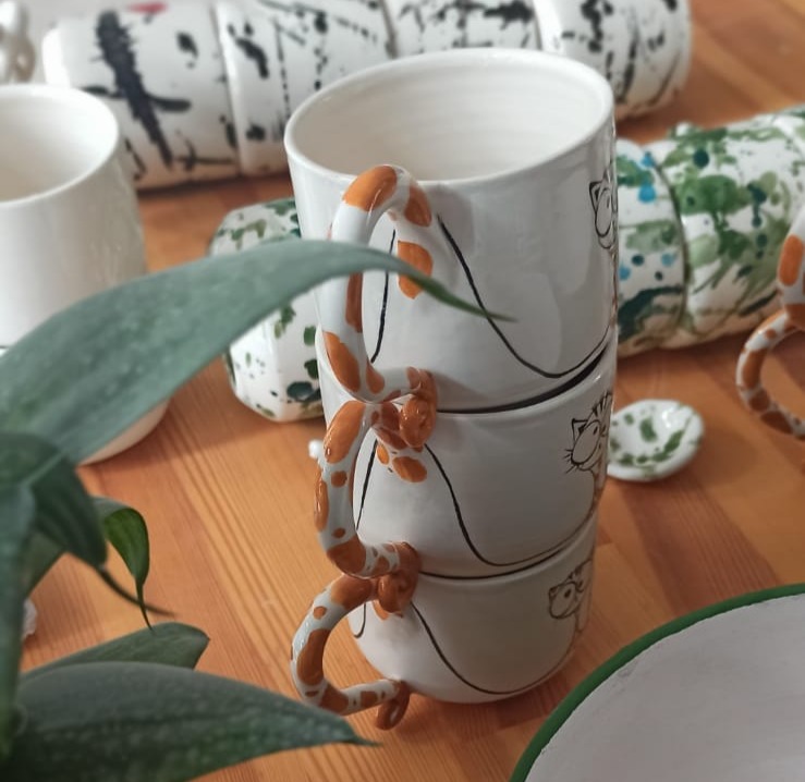 Kedi Desen Tasarım El Yapımı Seramik Kahve Kulplu Mug/Kupa/Bardak
