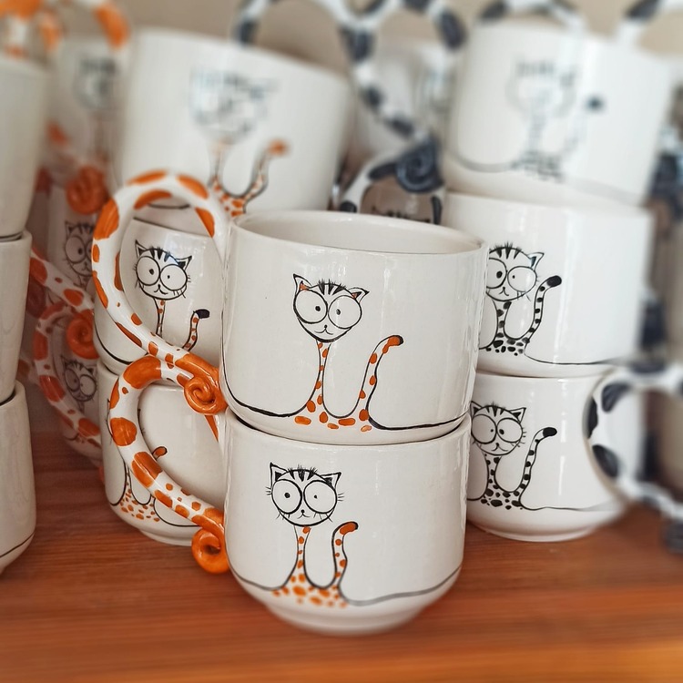 Kedi Desen Tasarım El Yapımı Seramik Kahve Kulplu Mug/Kupa/Bardak