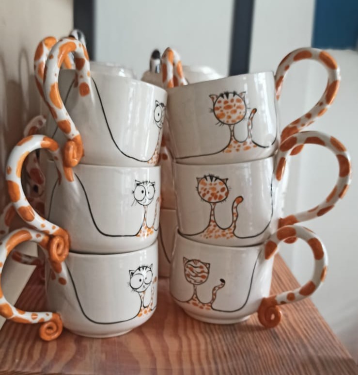 Kedi Desen Tasarım El Yapımı Seramik Kahve Kulplu Mug/Kupa/Bardak