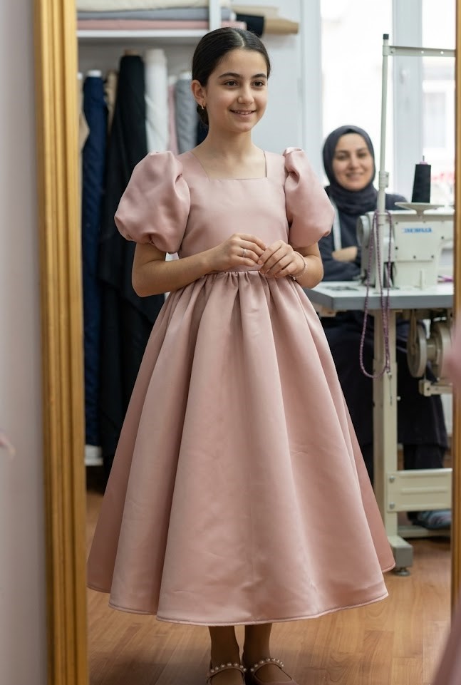 TOZ PEMBE SATEN ABİYE ( 11 - 13 YAŞ İLE UYUMLU )
