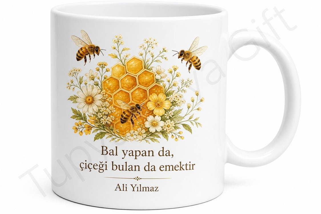 Arı Temalı Çalışkan İnsan Hediyesi Baskılı Porselen Kupa Bardak