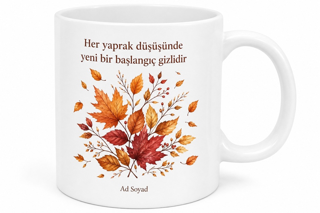 Sonbahar Yaprakları İllüstrasyonlu Dingin Tasarım Çay Kupası Hediye Bardak
