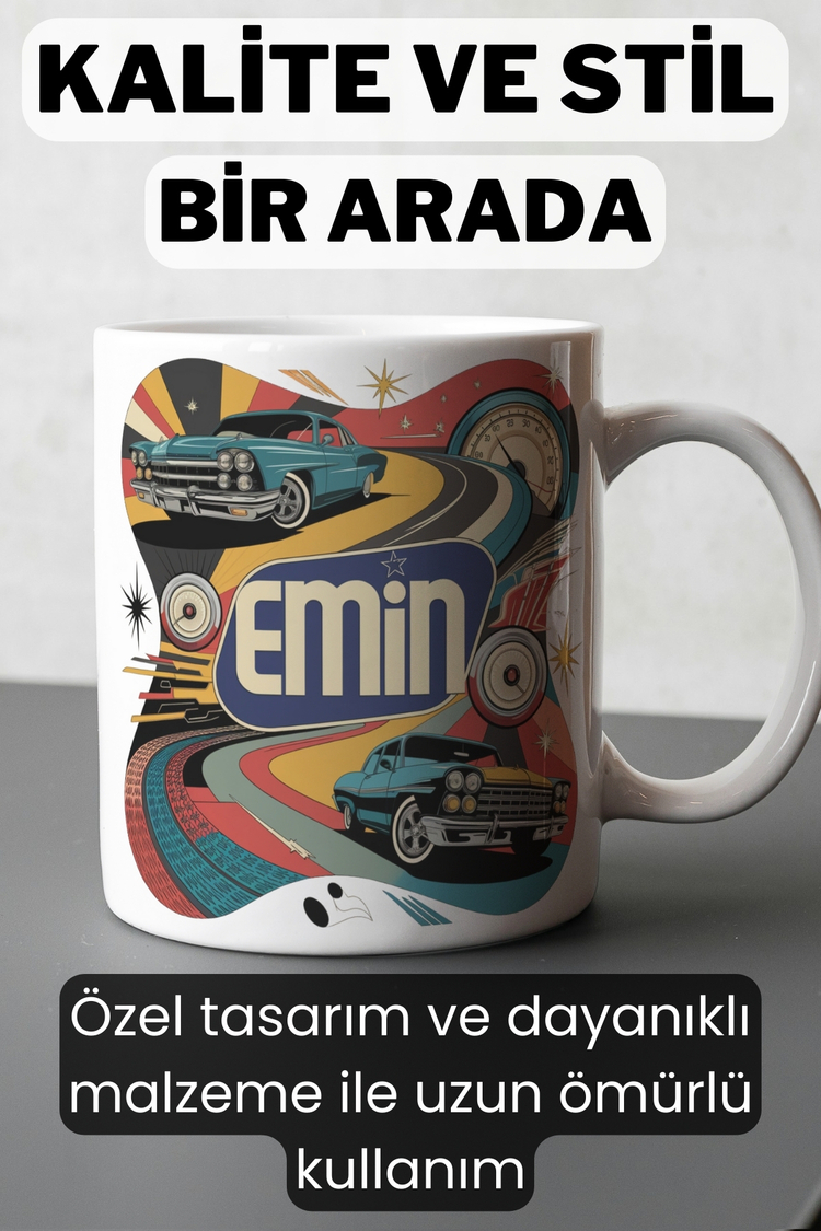 Kişiye Özel Retro Araba Tasarımlı İsimli Kupa - Klasik Araba Tutkunlarına Özel Hediye