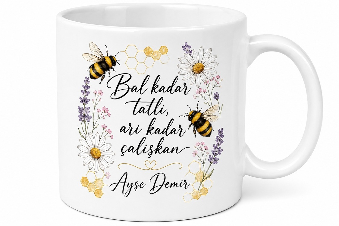 İsimli Arı Desenli Baskılı Kupa Bardak Hediye Özel Tasarım Porselen Mug
