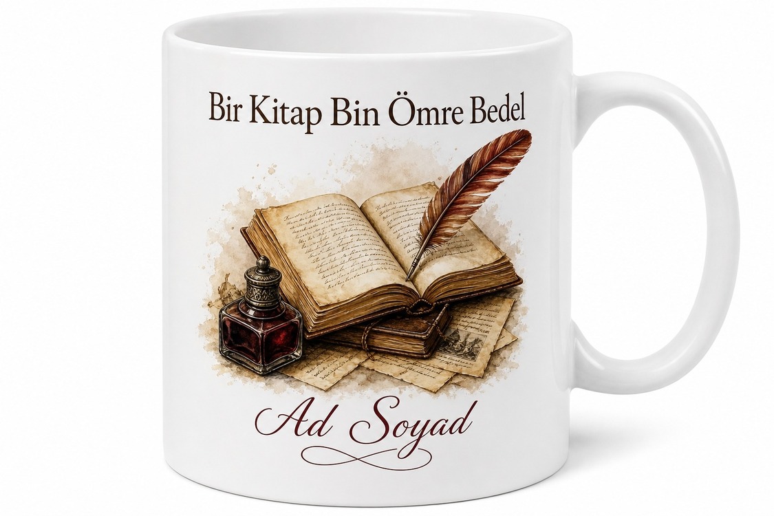 Klasik Edebiyat Tüy Kalem Eski Kitap Kokusuna Aşık Okur Baskılı Kupa Bardak Hediye