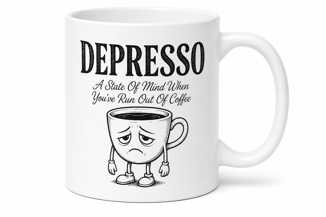 Depresso Kahve Bitince Ruh Hali İngilizce Temalı Komik Baskılı Porselen Kupa Bardak Hediye