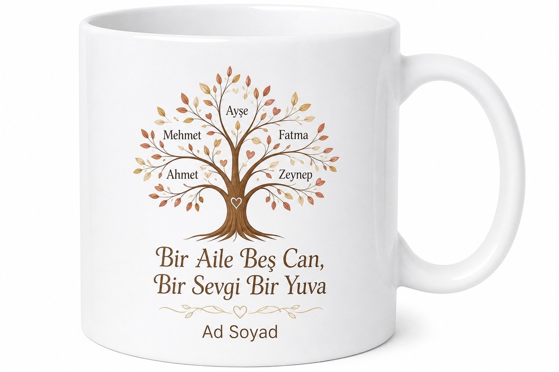 Beş İsimli Kupa Seti Geniş Aile Özel Baskılı Porselen Bardak Hediye