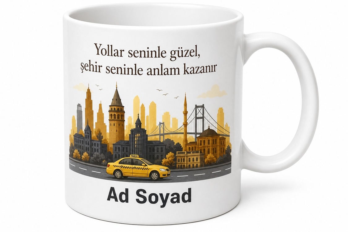 Taksiciye Hediye Şehir Temalı Özel Baskılı Porselen Kupa Bardak