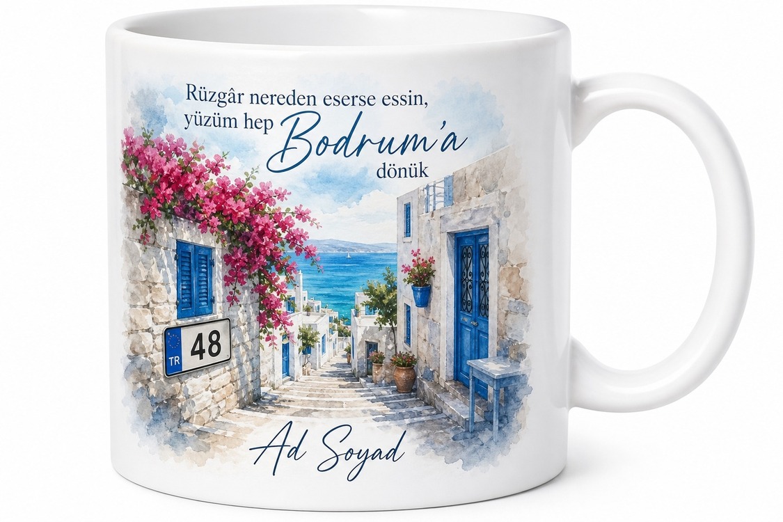 Muğla Plakalı Bodrum Evleri Begonvil Çiçekli Yazlıkçı Kupası Hediye Bardak