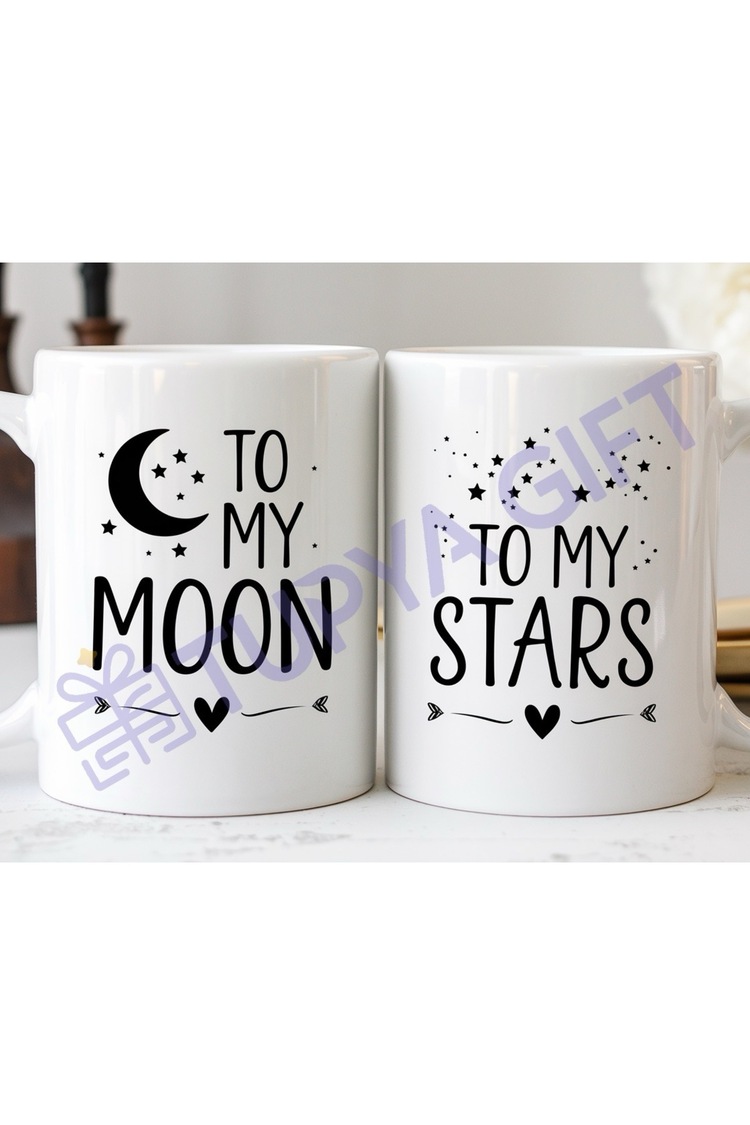 To My Moon ve To My Stars Tasarımlı İkili Romantik Kupa Seti - Sevgililer Günü, Yıldönümü Hediyesi