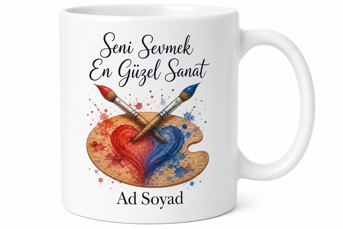 Seni Sevmek En Güzel Sanat Boya Paleti Çift Fırça Çizimli Porselen Kupa Bardak Hediye