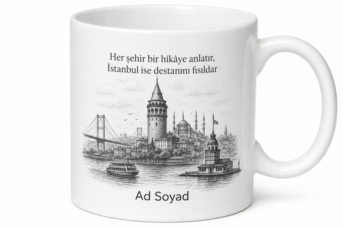Karakalem Çizim Şehir Silüeti İstanbul Manzaralı Kupa Bardak Hediye