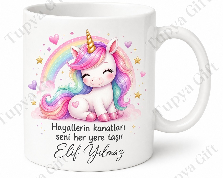 Unicorn Temalı Çocuk Hediyesi Baskılı Porselen Kupa Bardak Özel Tasarım