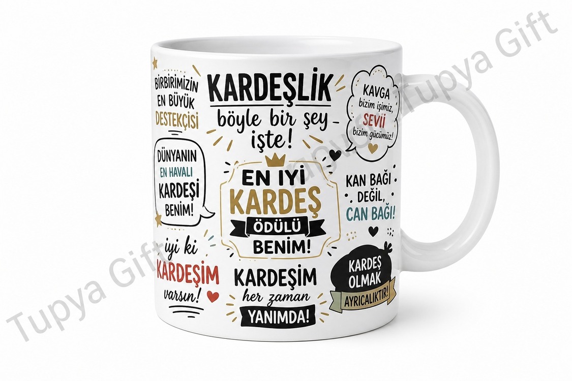 Kardeşe Hediye Komik Yazılı Kişiye Özel Baskılı Kupa Bardak Porselen Mug