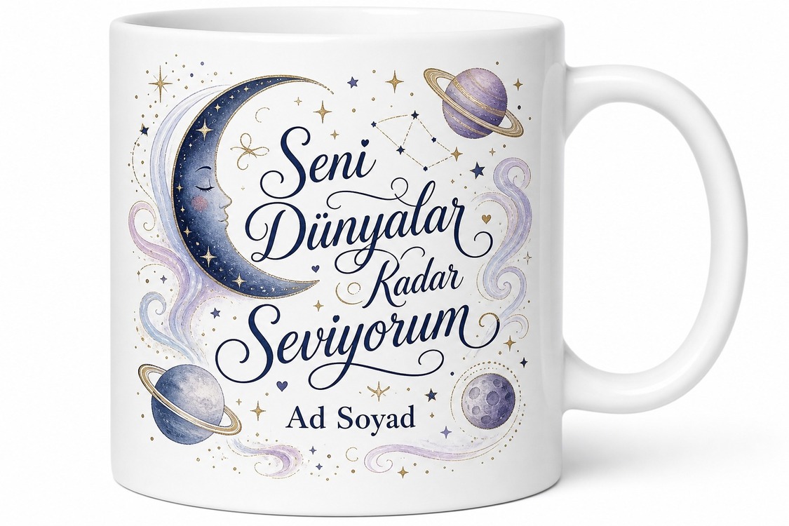 Seni Her Şeyden Çok Seviyorum Dünyalar Kadar Aşk Gök Cisimleri Kupa Bardak Hediye