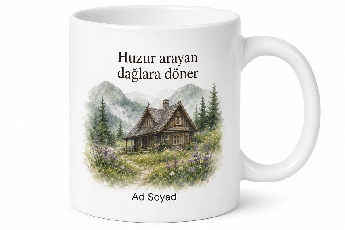 Yayla Evi Temalı Kişiye Özel Baskılı Kupa Bardak Hediye