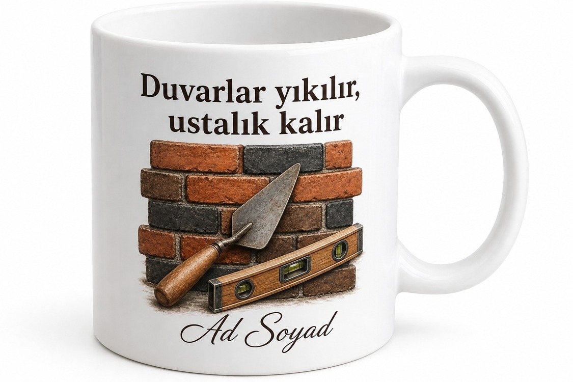 Duvar Ustasına Tuğla Örme Harç Karma Mastar Çekme El Emeği Kupa Hediye