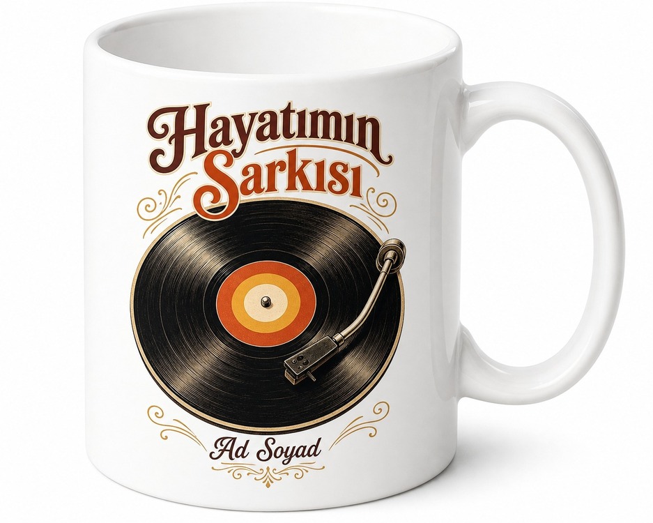 Retro Vinil Plak Görselli Nostaljik Müzik Sever Kupası Şarkı İsimli Hediye Bardak