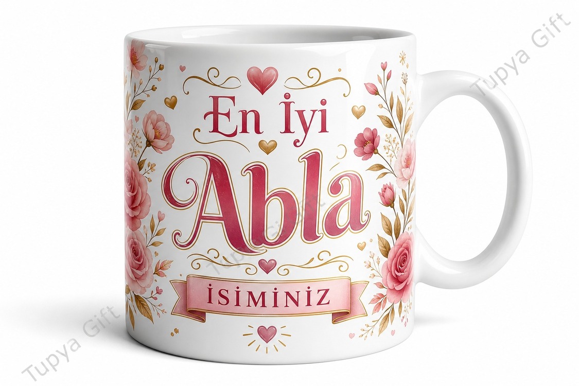 En İyi Ablaya Hediye İsimli Baskılı Kupa Bardak Abla Hediyesi Özel Tasarım