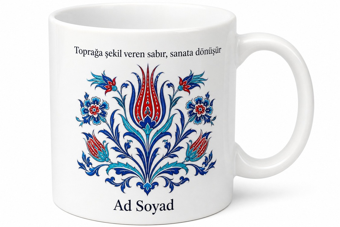 Kütahya Plakalı Çini Sanatı Lale Motifli Geleneksel Şık Kupa Bardak Hediye