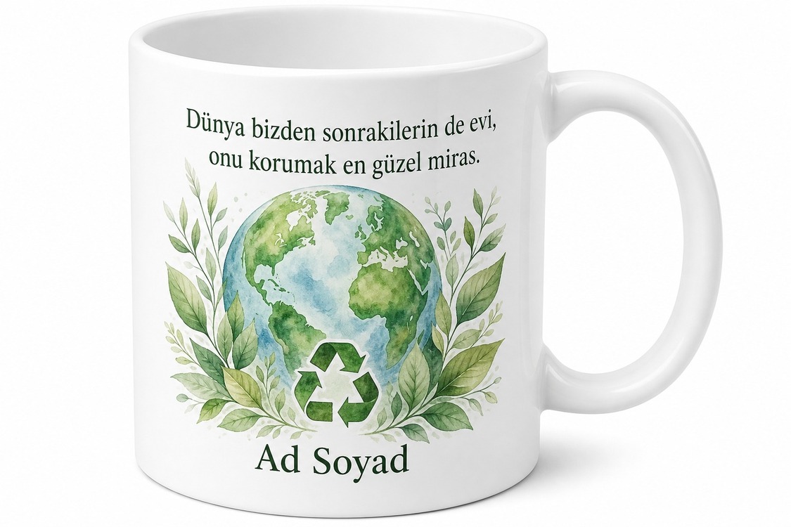 Geri Dönüşüm Çevre Bilinci Yeşil Yaprak Sürdürülebilir Dünya Baskılı Kupa Bardak Hediye