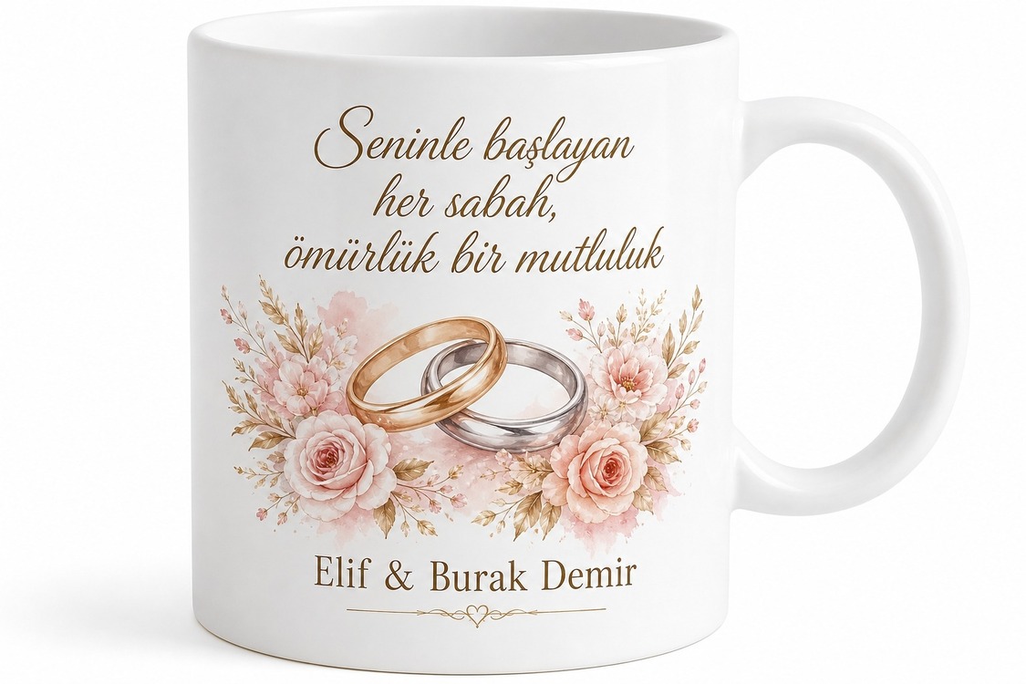 Yeni Evli Çift İçin Özel Tasarım Seramik Baskılı Kupa Bardak Çift Hediyesi (Tek Kupa)