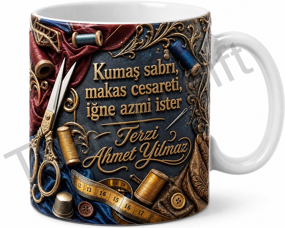 Terzi Makası Temalı Kişiye Özel Baskılı Kupa Bardak Terzi Hediye