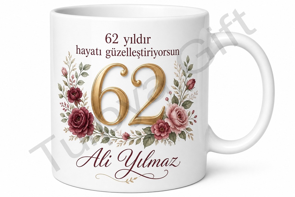 Klasik Porselen 62 Yaş Doğum Günü Hediyesi Çay Kupası Baskılı Bardak