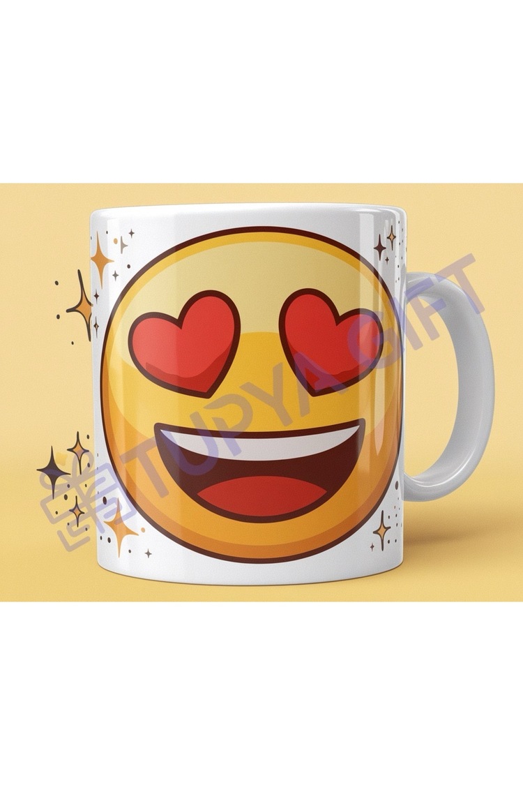 Kalp Gözlü Emoji Tasarımlı Eğlenceli Kupa - Renkli ve Şık Hediye Seçeneği