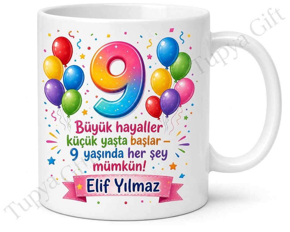 9 Yaş Doğum Günü Hediyesi Çocuklar İçin Özel Baskılı Kupa Bardak Hediye