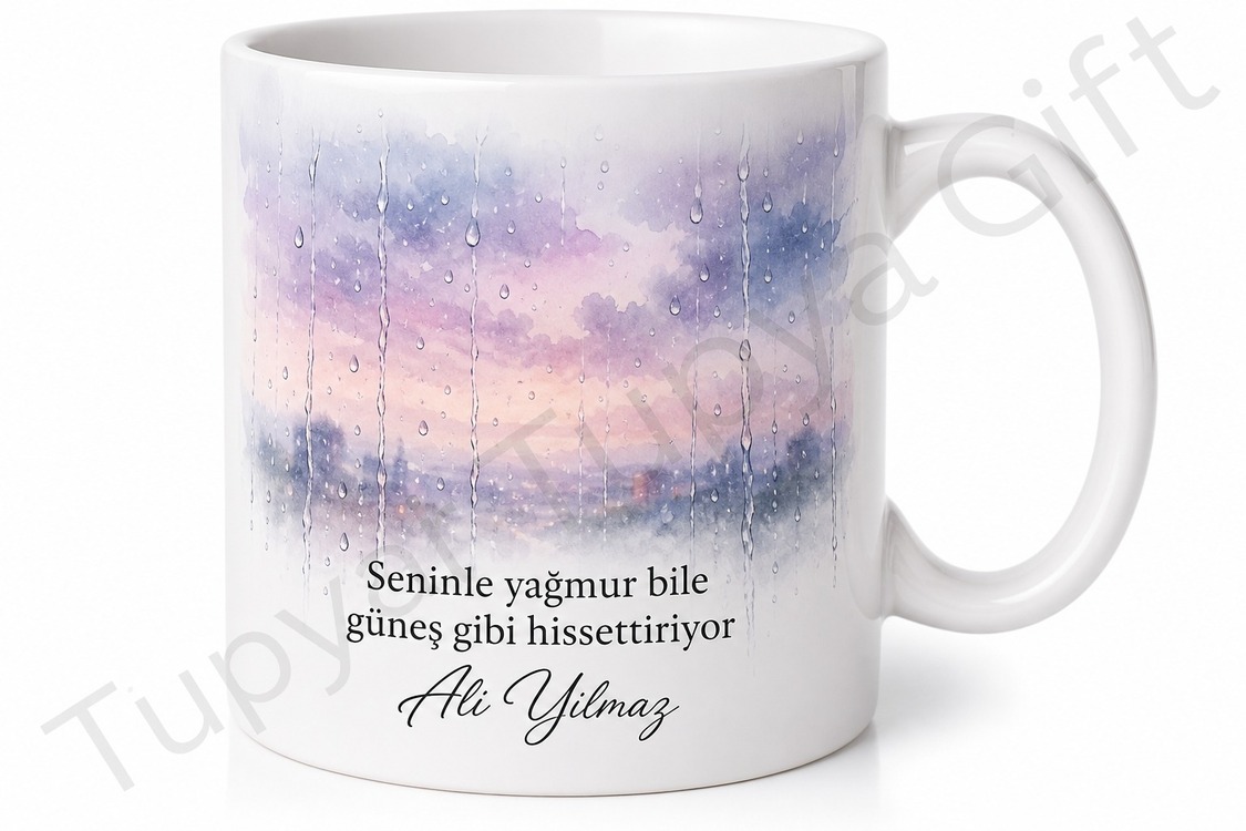 Yağmur Temalı Romantik Baskılı Kupa Bardak Sevgiliye Hediye