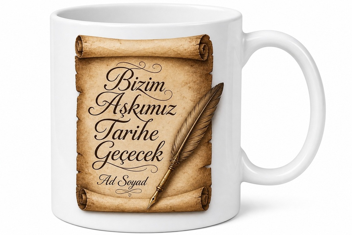 Bizim Aşkımız Tarihe Geçecek Parşömen Tüy Kalem Romantik Baskılı Porselen Kupa Hediye Bardak