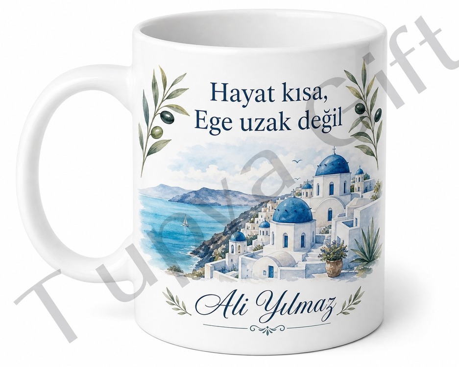 Ege Temalı Baskılı Kupa Bardak Hediye Porselen Mug Ege Denizi Tasarım