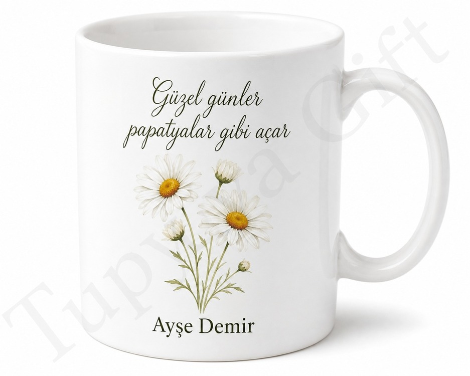 Papatya Desenli Kişiye Özel Baskılı Kupa Bardak Hediye