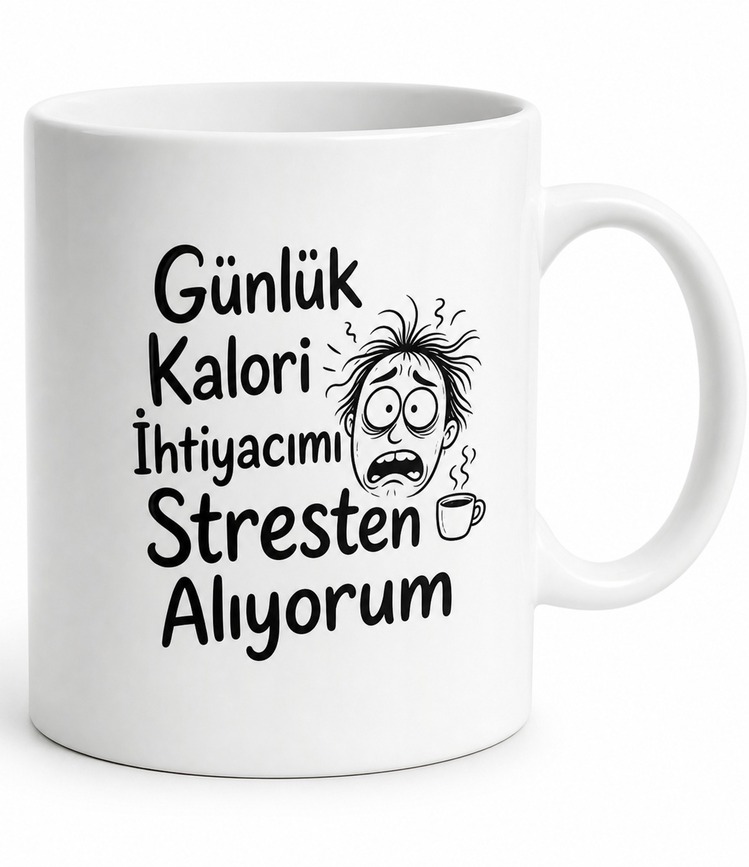 Günlük Kalori İhtiyacımı Stresten Alıyorum Yazılı Seramik Kupa Hediye Bardak