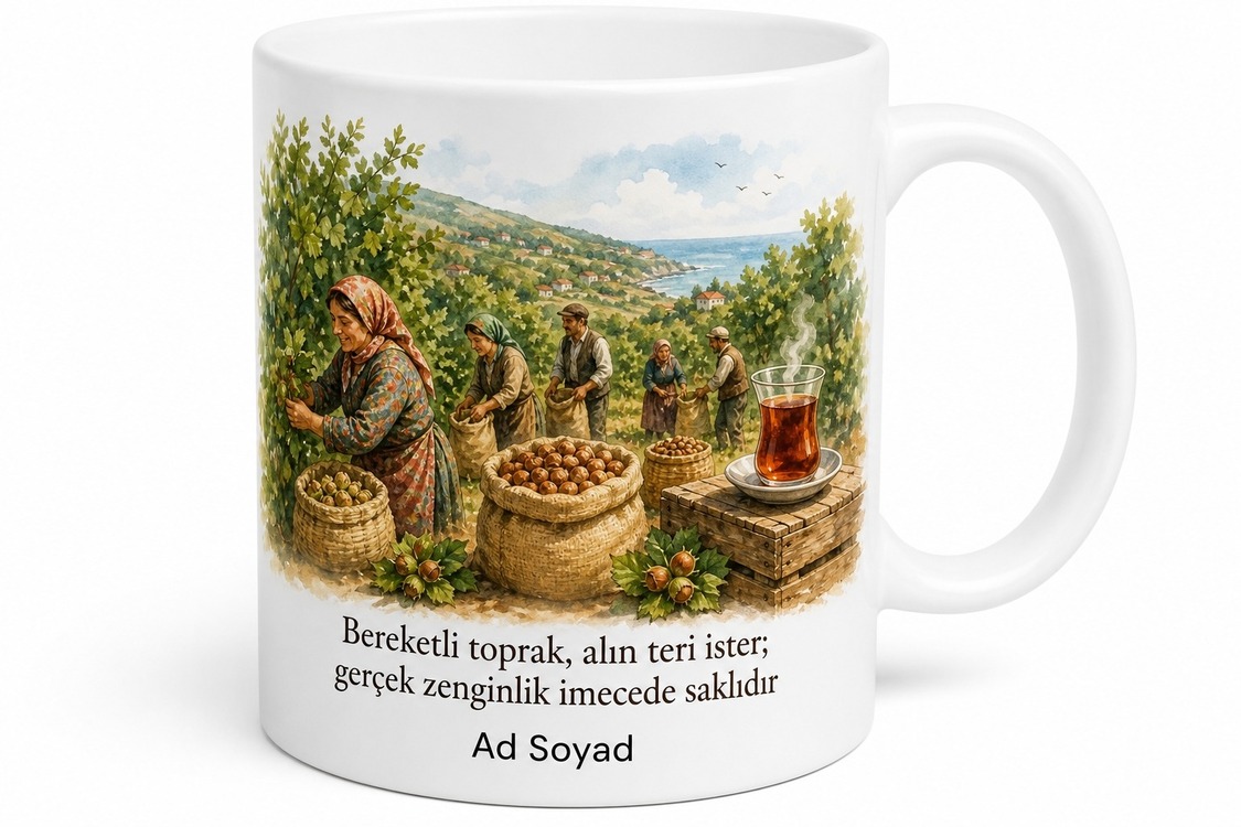 Fındık Toplayan Aile Temalı Karadeniz Fındık Harmanı İmece Usulü Hediye Kupa Bardak