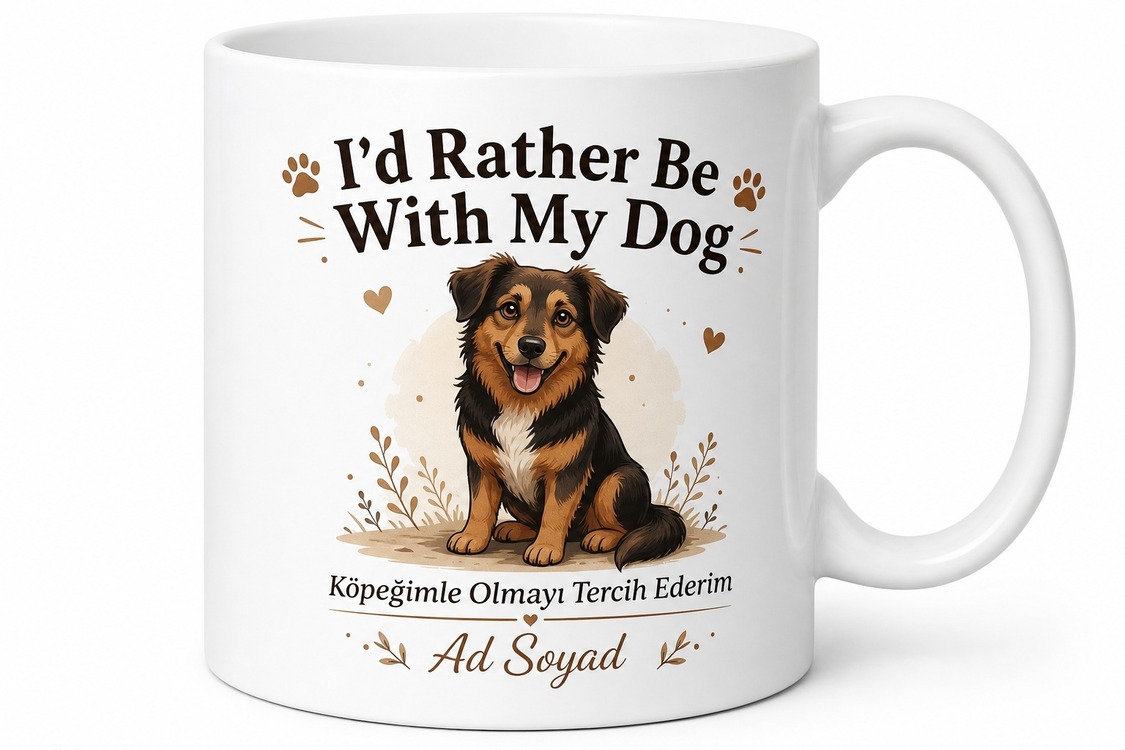 Id Rather Be With My Dog Baskılı Köpek Sevgisi İngilizce Porselen Kupa Bardak Hediye
