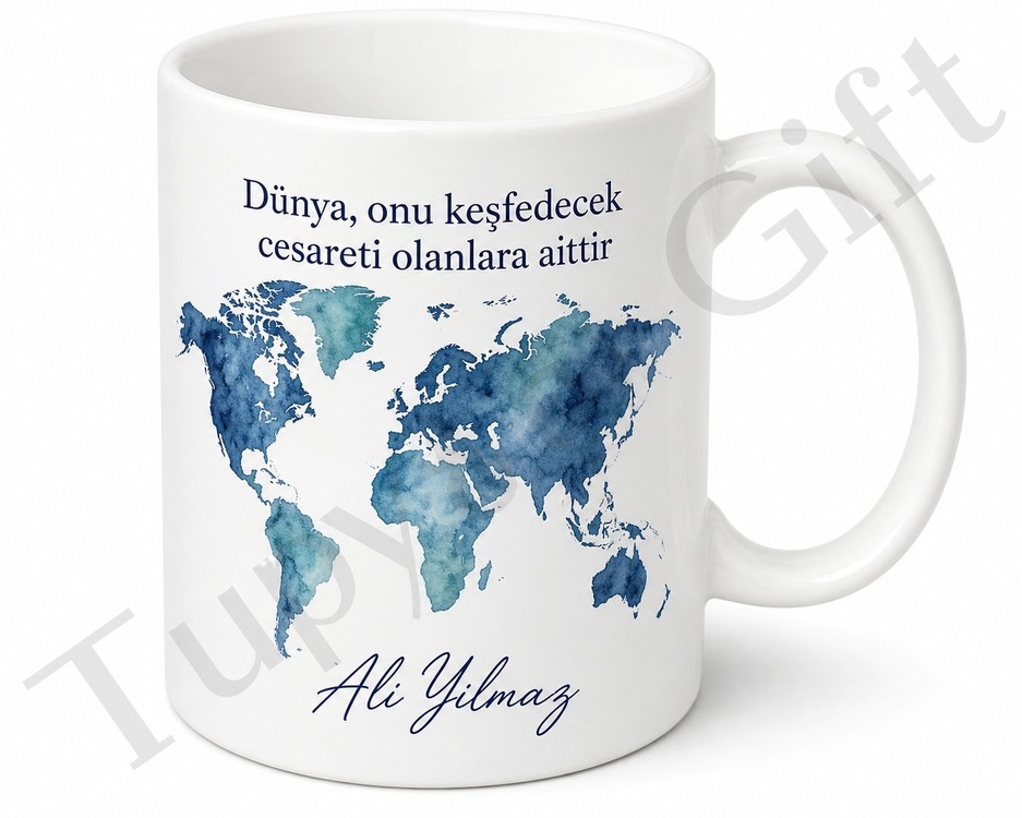 Dünya Haritası Temalı Kişiye Özel Baskılı Kupa Bardak Hediye