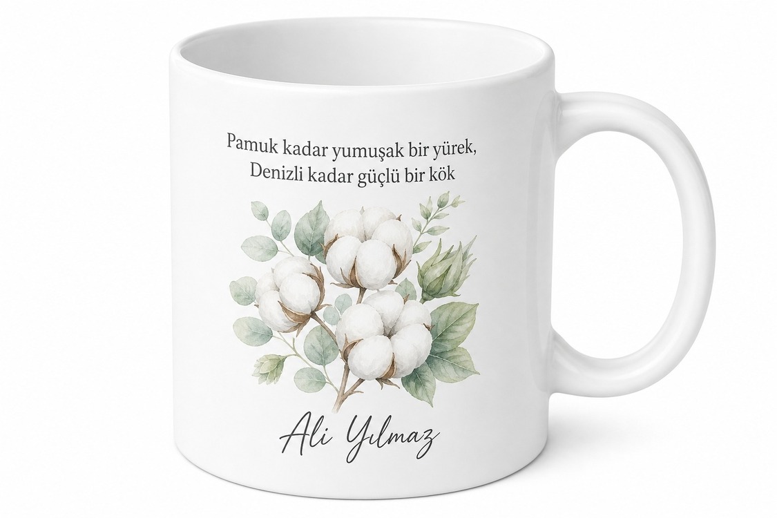 Denizli Pamuk Beyazı Temalı Baskılı Kupa Bardak - Özel Tasarım Hediye