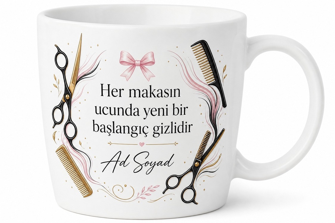 İsimli Makas Desenli Kuaför Kupası Özel Baskılı Kupa Bardak Hediye