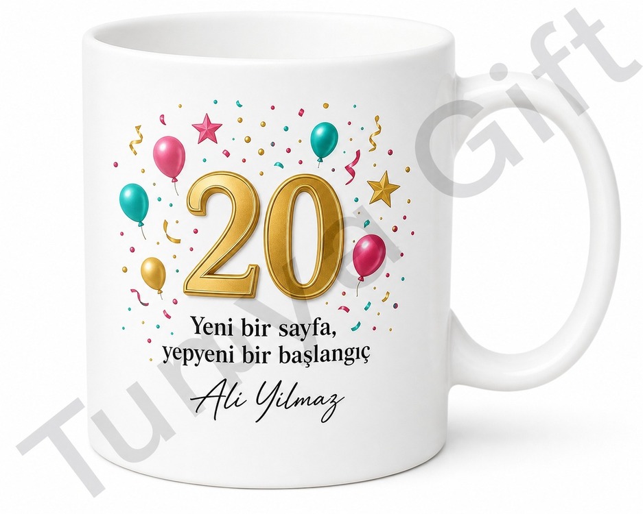 20 Yaş Doğum Günü Hediyesi Yeni Yaş Kutlama Tasarımlı Baskılı Kupa Bardak