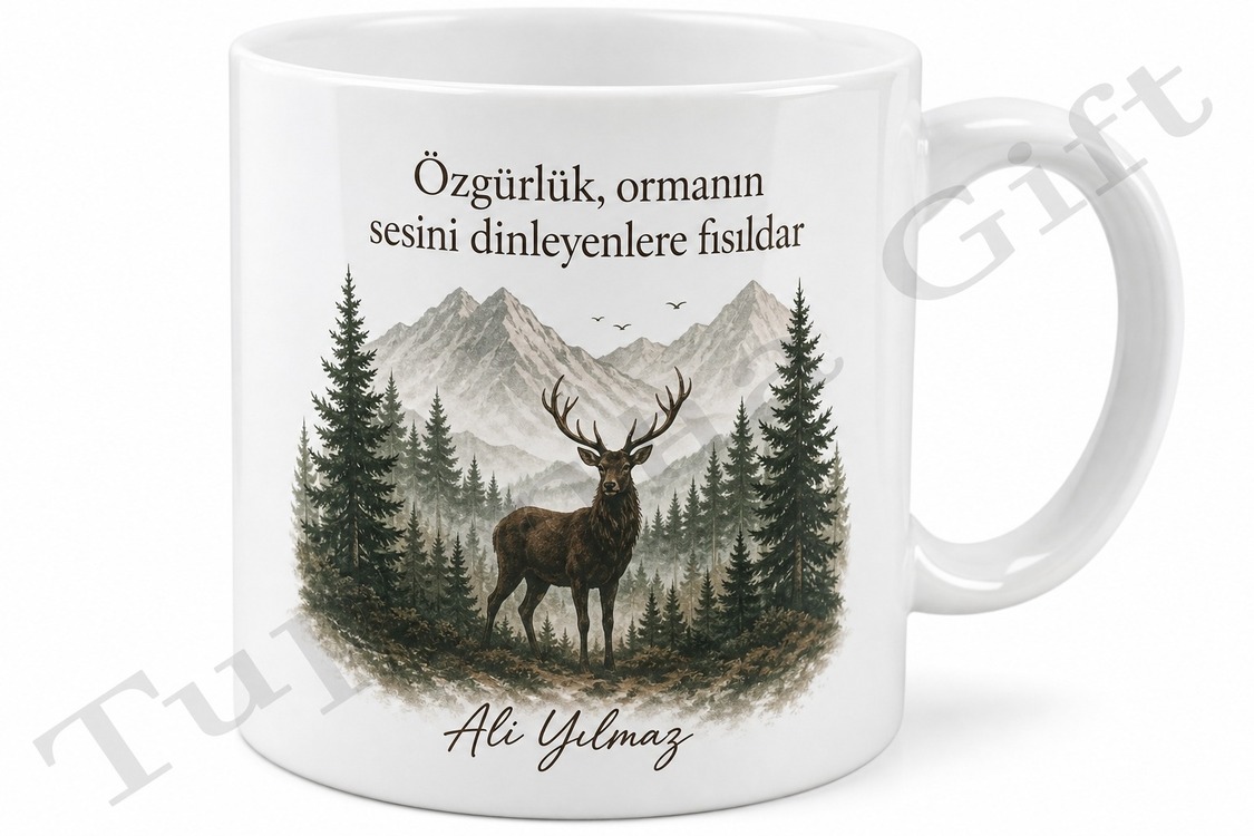 Geyik Temalı Doğa Sever Baskılı Kupa Bardak Hediye Porselen Mug