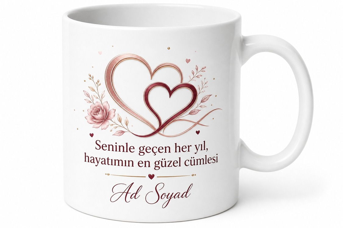 Eşe Hediye Yıl Dönümü Temalı Özel Baskılı Porselen Kupa Bardak Hediye