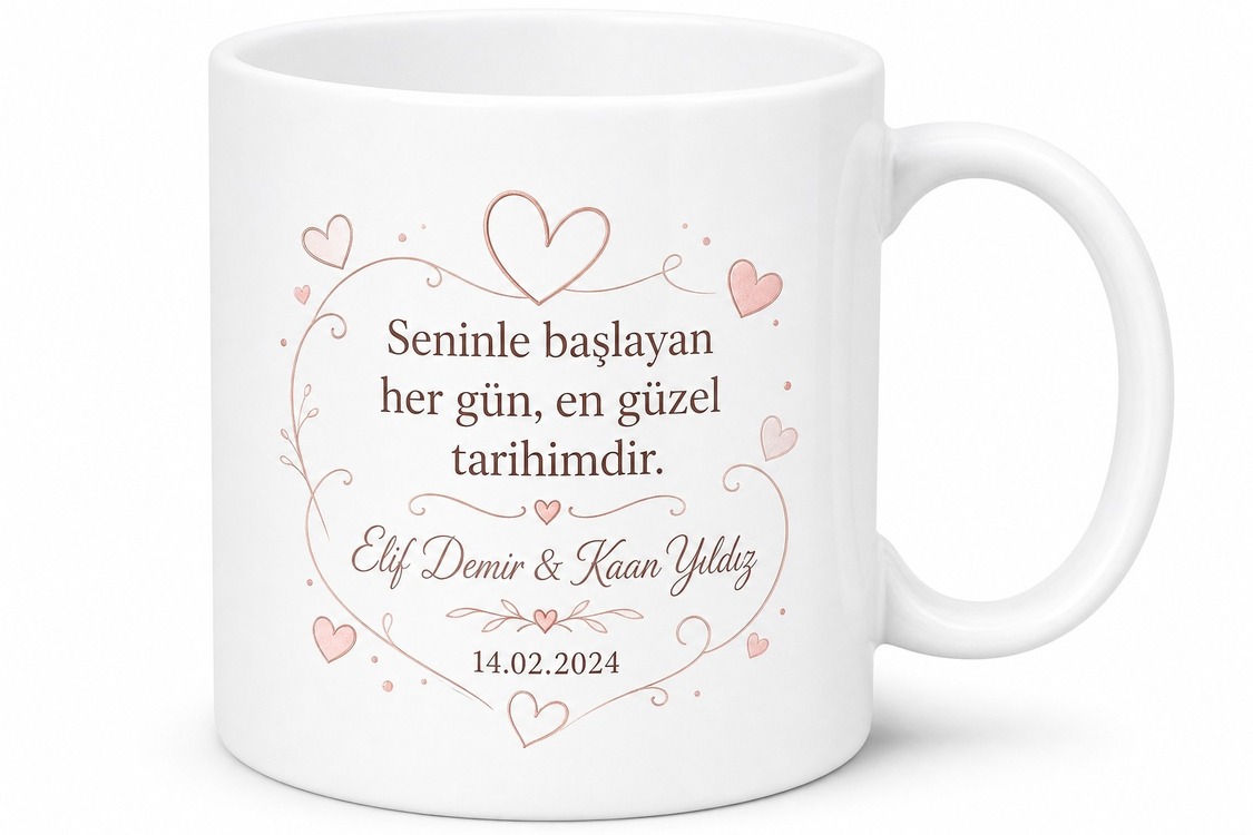 Kişiye Özel Çift İsimli Tarih Yazılı Aşk Hatırası Romantik Kupa Bardak Hediye