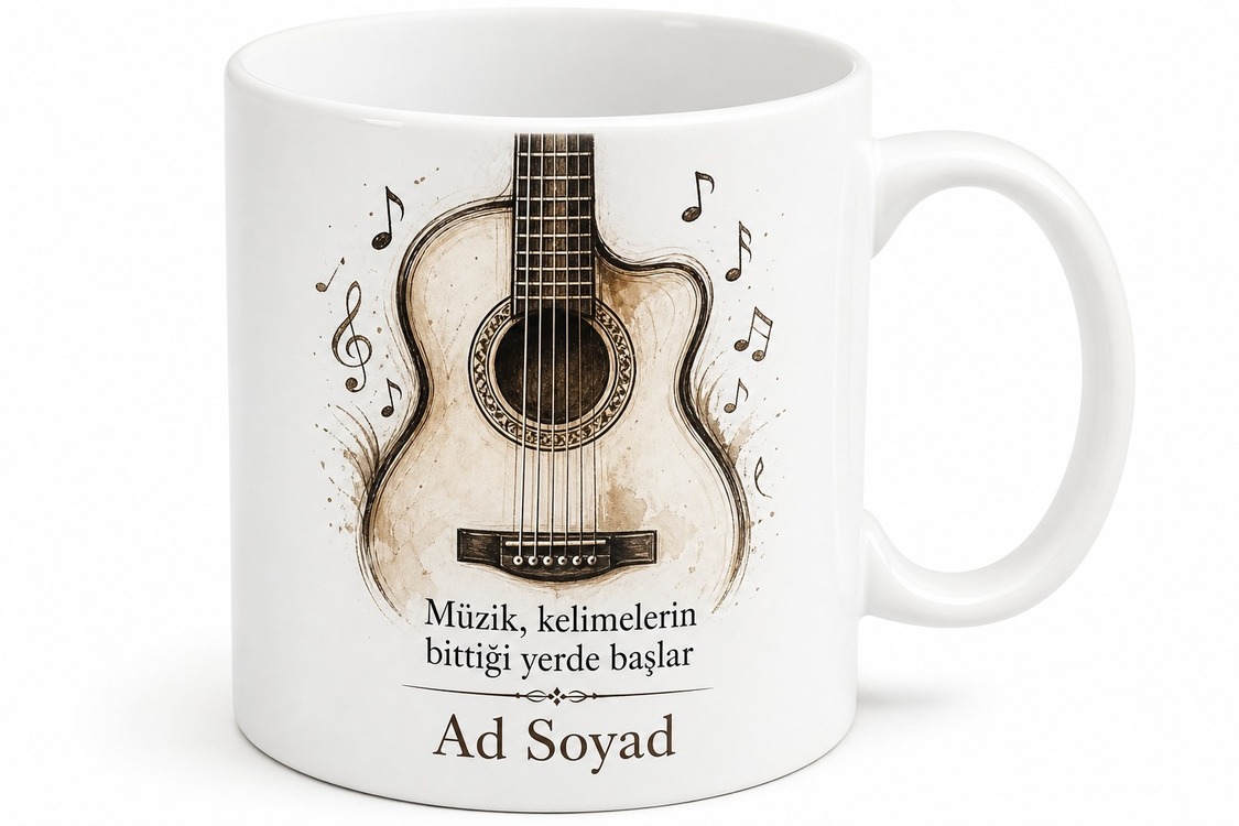 Gitar Telleri ve Akustik Kasa Çizimli Melodik Tınılarla Dinlenen Kupa Bardak Hediye