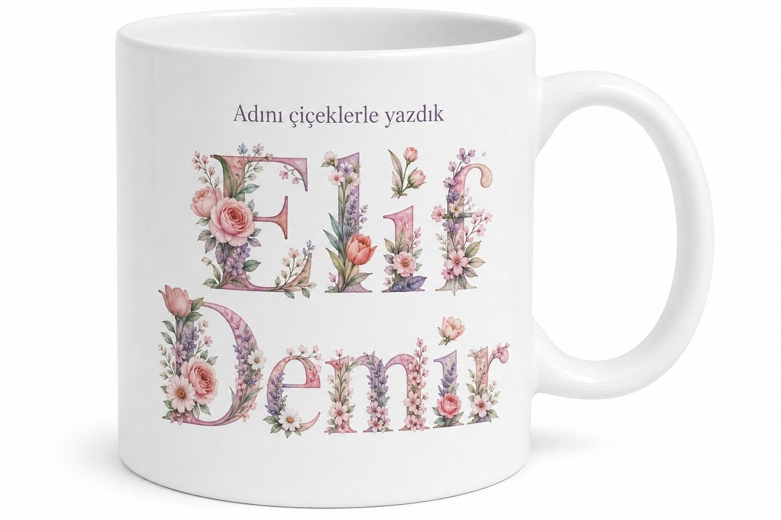 Çiçekli Harf Baskılı Kişiye Özel Kupa Bardak Hediye Özel Tasarım Mug