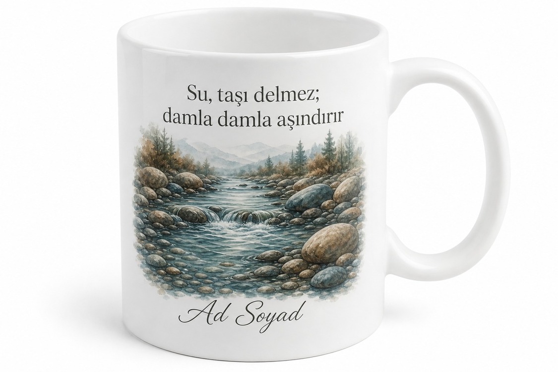 Nehir ve Taşlar Çizimli Suyun Taşı Oyması Sabır Temalı Kupa Bardak Hediye